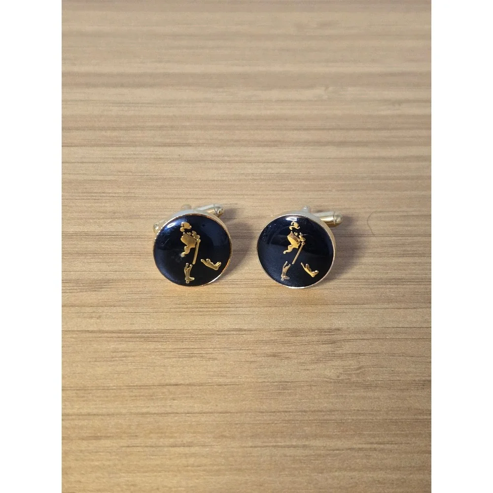 Vintage Johnnie Walker Striding Man Cufflinks Black Gold Tone Enamel Round Logo